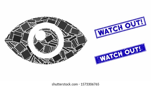 Mosaic eye icon and rectangle Watch Out! seal stamps. Flat vector eye mosaic icon of scattered rotated rectangle items. Blue Watch Out! rubber stamps with grunged surface.