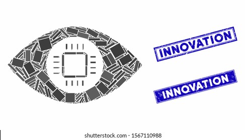 Mosaic eye lens processor icon and rectangle seal stamps. Flat vector eye lens processor mosaic icon of scattered rotated rectangular elements. Blue caption seal stamps with dirty textures.