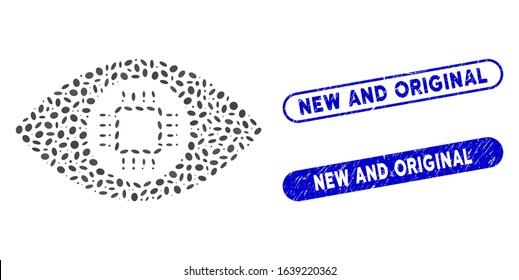 Mosaic eye lens processor and rubber stamp seals with New and Original text. Mosaic vector eye lens processor is composed with random ellipse pieces. New and Original stamp seals use blue color,