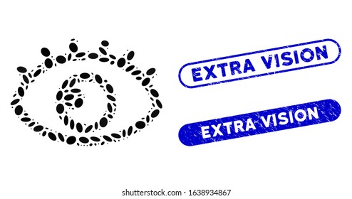 Mosaic eye and rubber stamp seals with Extra Vision caption. Mosaic vector eye is formed with random elliptic pieces. Extra Vision stamp seals use blue color, and have round rectangle shape.