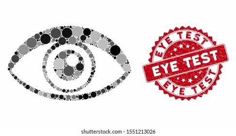 Mosaic eye and rubber stamp watermark with Eye Test phrase. Mosaic vector is formed from eye icon and with scattered spheric spots. Eye Test stamp uses red color, and scratched design.