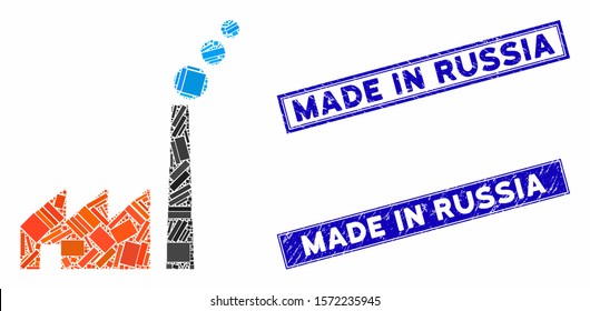 Mosaic fabric building icon and rectangle Made in Russia seal stamps. Flat vector fabric building mosaic icon of random rotated rectangle elements.