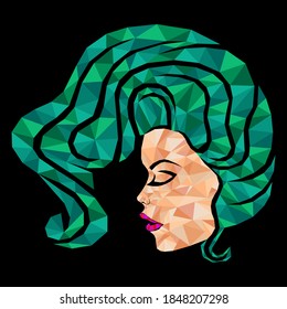 Mosaic face of a charming and beautiful woman with closed eyes and hair in green hues isolated on the black background, view side
