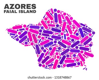 Mosaic Faial Island map isolated on a white background. Vector geographic abstraction in pink and violet colors. Mosaic of Faial Island map combined of random circle dots and lines.