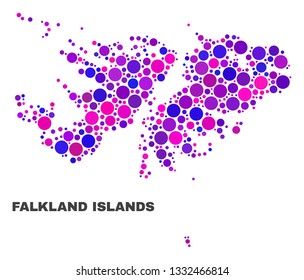 Mosaic Falkland Islands map isolated on a white background. Vector geographic abstraction in pink and violet colors. Mosaic of Falkland Islands map combined of scattered spheric items.