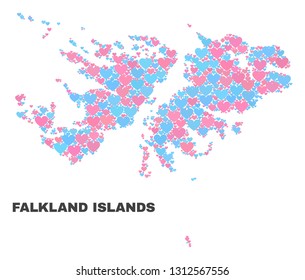 Mosaic Falkland Islands map of valentine hearts in pink and blue colors isolated on a white background. Lovely heart collage in shape of Falkland Islands map.