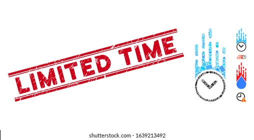 Mosaic falling clock icon and red Limited Time seal stamp between double parallel lines. Flat vector falling clock mosaic icon of random rotated rectangle elements.