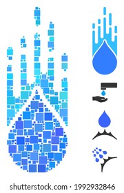 Mosaic Falling drop icon composed of square elements in random sizes and color hues. Vector square parts are composed into abstract collage falling drop icon. Bonus icons are placed.