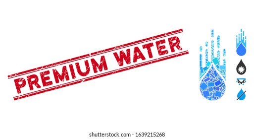 Mosaic falling drop icon and red Premium Water seal stamp between double parallel lines. Flat vector falling drop mosaic icon of randomized rotated rectangular items.