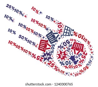 Mosaic falling meteorite designed with blue and red shopping symbols. Retail combination of mosaic falling meteorite icon. Flat design for shopping templates.