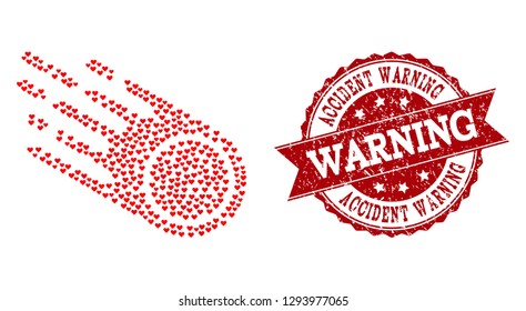 Mosaic falling meteorite formed with red valentine hearts, and isolated grunge watermark. Composition for Valentines Day.