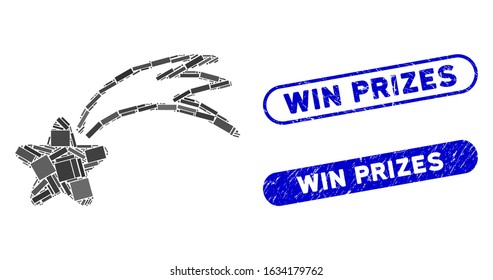 Mosaic falling star and distressed stamp watermarks with Win Prizes text. Mosaic vector falling star is composed with scattered rectangle items. Win Prizes stamp seals use blue color,