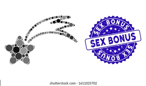 Mosaic falling star icon and distressed stamp seal with Sex Bonus phrase. Mosaic vector is formed with falling star icon and with scattered circle items. Sex Bonus stamp seal uses blue color,