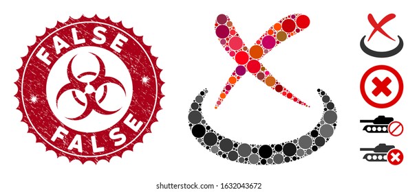 Mosaic false icon and grunge stamp seal with False text and biohazard symbol. Mosaic vector is formed with false icon and with randomized circle spots. False stamp uses red color, and rubber texture.