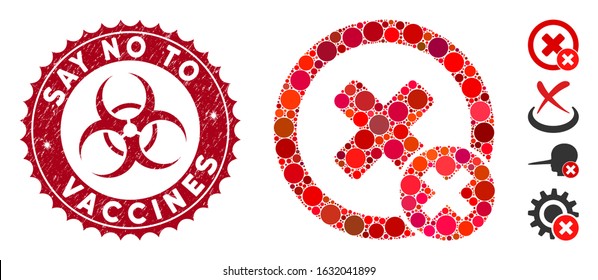 Mosaic false negative icon and distressed stamp seal with Say No to Vaccines caption and biohazard symbol. Mosaic vector is created with false negative icon and with scattered round spots.
