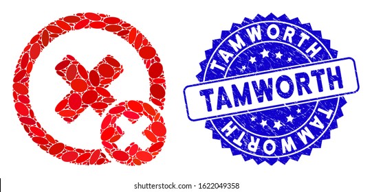 Mosaic false negative icon and rubber stamp seal with Tamworth text. Mosaic vector is formed with false negative icon and with random elliptic spots. Tamworth stamp seal uses blue color,