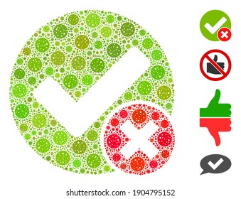 Mosaic false positive constructed from covid-2019 virus icons in random sizes and color hues. Vector infection icons are combined into abstract mosaic false positive icon. Some bonus icons are added.