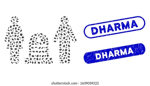 Mosaic family cemetery and corroded stamp seals with Dharma caption. Mosaic vector family cemetery is created with scattered ellipse pieces. Dharma seals use blue color,