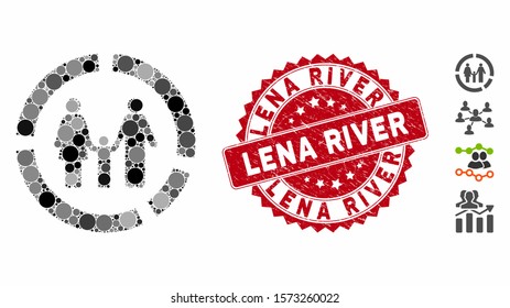 Mosaic family diagram icon and rubber stamp seal with Lena River phrase. Mosaic vector is formed with family diagram icon and with randomized spheric spots. Lena River seal uses red color,