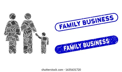 Mosaic family and distressed stamp seals with Family Business phrase. Mosaic vector family is formed with random rectangles. Family Business stamp seals use blue color, and have round rectangle shape.