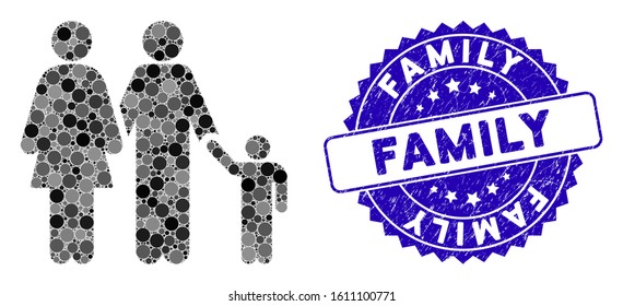 Mosaic family icon and grunge stamp seal with Family text. Mosaic vector is designed with family icon and with scattered spheric elements. Family stamp seal uses blue color, and rubber design.