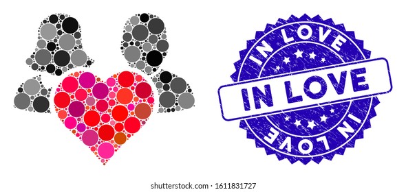 Mosaic family love heart icon and distressed stamp watermark with In Love text. Mosaic vector is formed with family love heart icon and with scattered spheric elements.