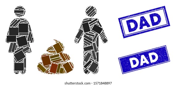 Mosaic family shit pictogram and rectangular Dad stamps. Flat vector family shit mosaic pictogram of randomized rotated rectangle elements. Blue Dad stamps with scratched texture.