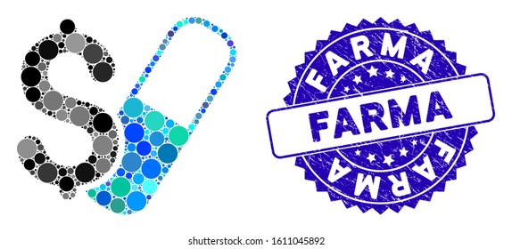 Mosaic farma business icon and grunge stamp seal with Farma phrase. Mosaic vector is formed with farma business icon and with random circle elements. Farma seal uses blue color, and grunge design.