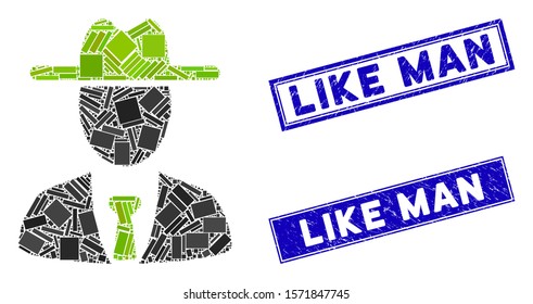 Mosaic farmer boss pictogram and rectangle Like Man stamps. Flat vector farmer boss mosaic icon of random rotated rectangle elements. Blue Like Man stamps with grunge surface.