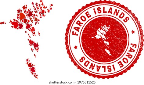 Mosaic Faroe Islands map formed with red love hearts, and rubber stamp. Vector lovely round red rubber seal imitation with Faroe Islands map inside.