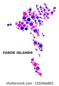 Mosaic Faroe Islands map isolated on a white background. Vector geographic abstraction in pink and violet colors. Mosaic of Faroe Islands map combined of random round items.