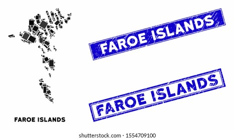 Mosaic Faroe Islands map and rectangular seal stamps. Flat vector Faroe Islands map mosaic of random rotated rectangular items. Blue caption rubber stamps with distress textures.