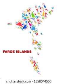 Mosaic Faroe Islands map of triangles in bright colors isolated on a white background. Triangular collage in shape of Faroe Islands map. Abstract design for patriotic decoration.