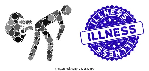 Mosaic fart gases icon and grunge stamp seal with Illness text. Mosaic vector is composed with fart gases pictogram and with randomized round elements. Illness stamp seal uses blue color,