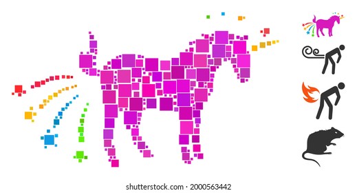 Mosaic Farting unicorn icon composed of square elements in various sizes and color hues. Vector square elements are composed into abstract collage farting unicorn icon. Bonus icons are placed.