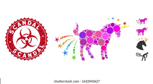 Mosaic farting unicorn icon and grunge stamp seal with Scandal text and biohazard symbol. Mosaic vector is composed from farting unicorn icon and with random round items. Scandal stamp uses red color,