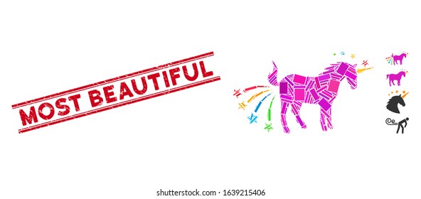 Mosaic farting unicorn icon and red Most Beautiful rubber print between double parallel lines. Flat vector farting unicorn mosaic icon of randomized rotated rectangular items.