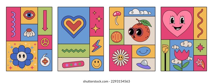 Mosaic fashion posters with funny crazy cartoon characters. Additional doodle covers with retro comic faces and hands in gloves vector set. Retro flowers, stars and heart with facial expressions