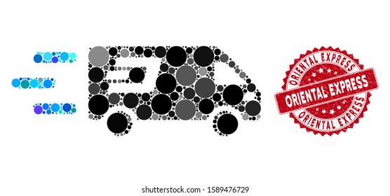 Mosaic fast Dash delivery car and grunge stamp seal with Oriental Express phrase. Mosaic vector is formed from fast Dash delivery car icon and with randomized circle spots.