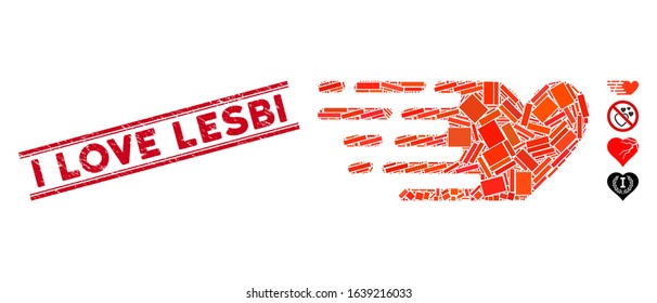 Mosaic fast love icon and red I Love Lesbi rubber print between double parallel lines. Flat vector fast love mosaic icon of scattered rotated rectangular elements.