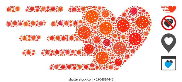 Mosaic fast love united from SARS virus icons in variable sizes and color hues. Vector infection icons are united into abstract mosaic fast love icon. Some bonus icons are added.