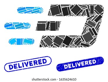 Mosaic fast send Dash and rubber stamp seals with Delivered text. Mosaic vector fast send Dash is created with random rectangles. Delivered stamp seals use blue color, and have round rectangle shape.