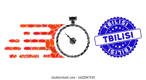 Mosaic fast stopwatch icon and distressed stamp watermark with Tbilisi caption. Mosaic vector is created with fast stopwatch icon and with randomized ellipse spots. Tbilisi stamp seal uses blue color,