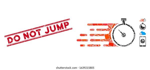 Mosaic fast stopwatch icon and red Do Not Jump stamp between double parallel lines. Flat vector fast stopwatch mosaic icon of randomized rotated rectangular elements.