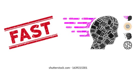 Mosaic fast thinking pictogram and red Fast seal between double parallel lines. Flat vector fast thinking mosaic pictogram of scattered rotated rectangular items. Red Fast seal with scratched surface.