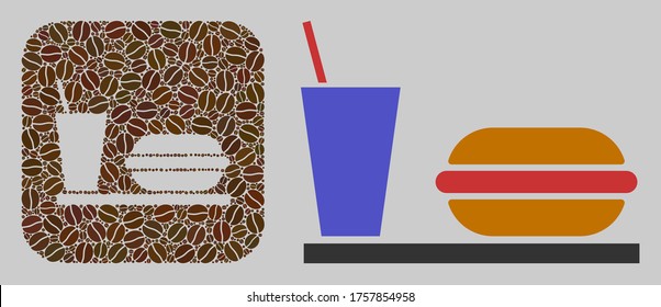Mosaic fastfood of coffee beans and basic icon. Negative space mosaic fastfood is designed of coffee beans. Flat vector illustrations elements for coffeeshop illustrations.
