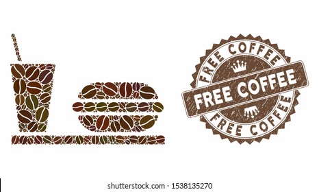 Mosaic fastfood and grunge stamp seal with Free Coffee caption. Mosaic vector fastfood is designed with grain. Free Coffee stamp uses brown color.