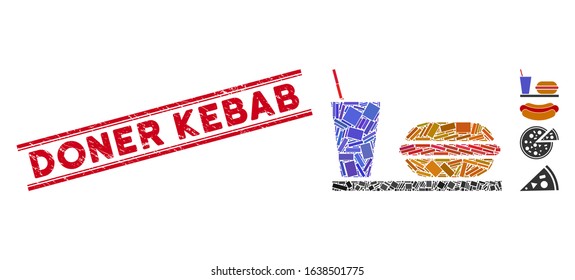 Mosaic fastfood icon and red Doner Kebab rubber print between double parallel lines. Flat vector fastfood mosaic icon of randomized rotated rectangle items. Red Doner Kebab stamp with rubber surface.