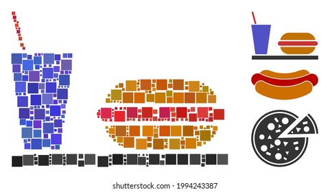Mosaic Fastfood icon united from square items in variable sizes and color hues. Vector square items are combined into abstract mosaic fastfood icon. Bonus icons are placed.