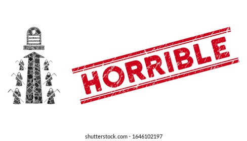 Mosaic fatal road pictogram and red Horrible seal stamp between double parallel lines. Flat vector fatal road mosaic icon of scattered rotated rectangular elements.